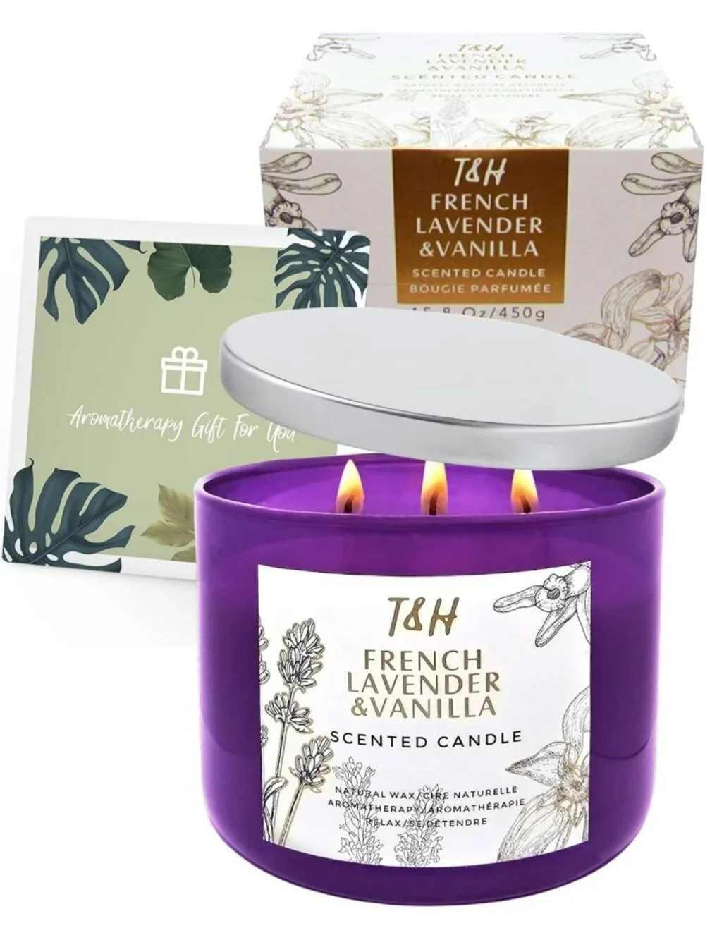 Large 3-Wick French Lavender Vanilla Soy Candle | Relaxing Aromatherapy Gift